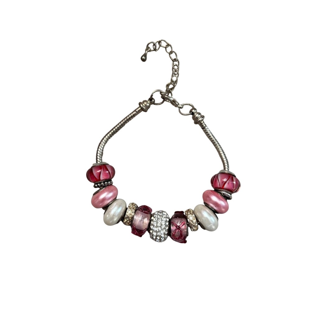 European Style Pink Charm Bracelet Silver Tone‎ Glass Pearl Rhinestone Beads